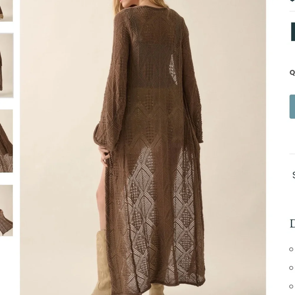 Promesa Pointelle Crochet Knit Cardigan Mocha Long Duster Boho Festival Small